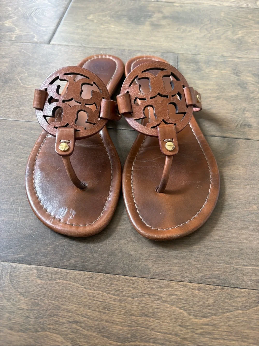 Tory Burch Brown Leather Logo Thong Sandals
